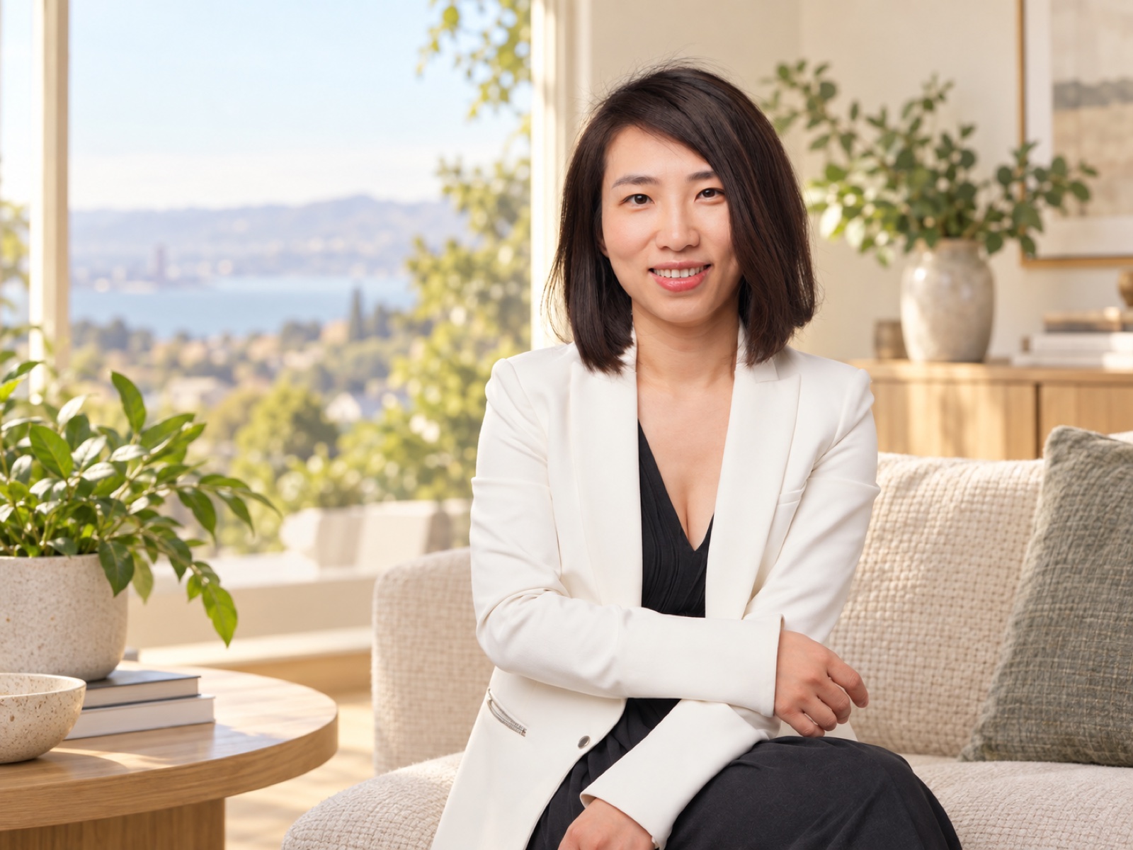 Dana Guo 穿白色西装坐在绿植与窗景前